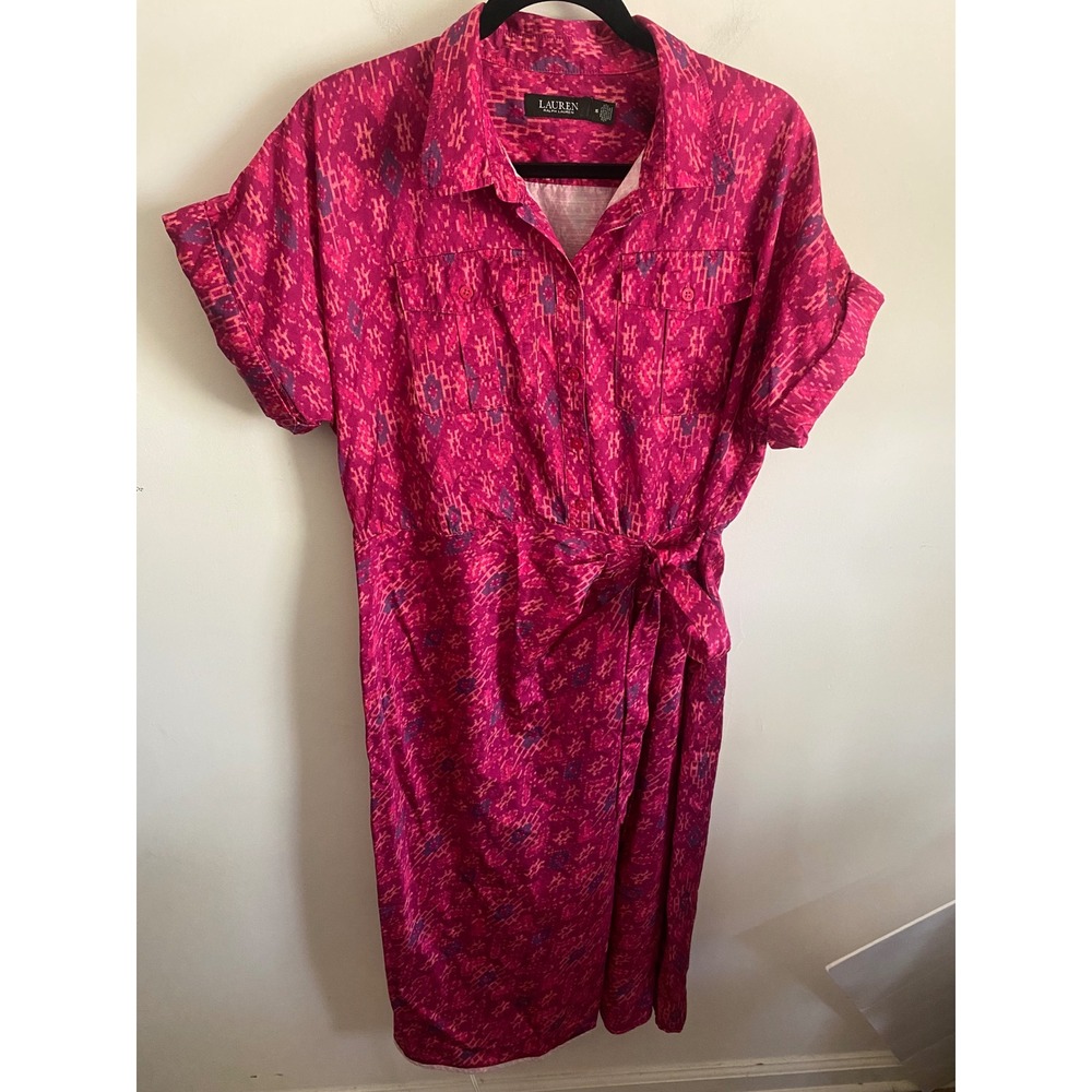 Lauren Ralph Lauren Pink Ikat Shirt Dress Short‎ Sleeve Midi Tie Waist Womens 16